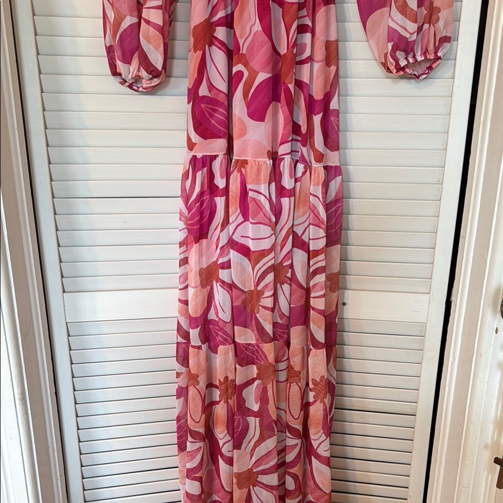 Pink and White Floral Wrap Gown with Bishop Sleeves - Picture 8 of 13